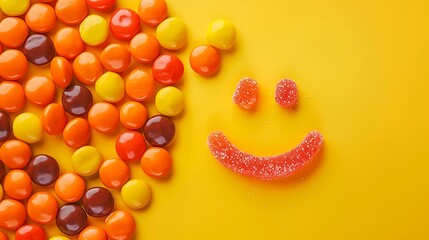 Smile of colorful candies on yellow and orange background