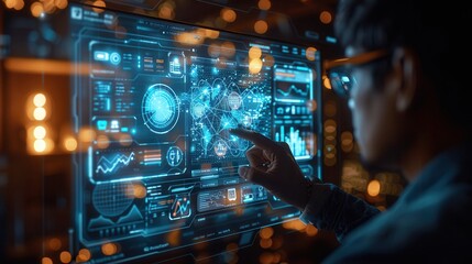 Obraz premium Futuristic Smart Home Technology - Person Interacting with IoT Devices in a Seamless Living Experience