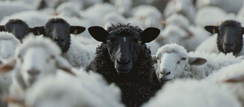 White sheep herd encircling lone black sheep in the middle of the field, diversity and inclusion concept