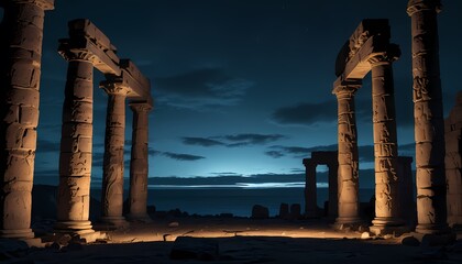 Fototapeta premium Ancient ruins against the backdrop of the dark deep sea, emitting an inviting light