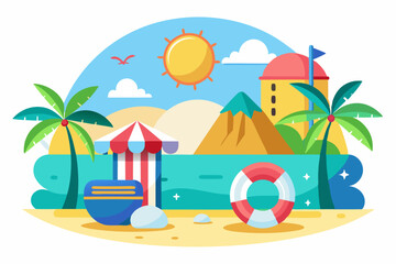 Summer Beach Scene with Palm Trees, Sun, and Life Ring