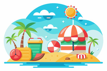 Summer Beach Scene with Palm Trees, Umbrella, and Cooler