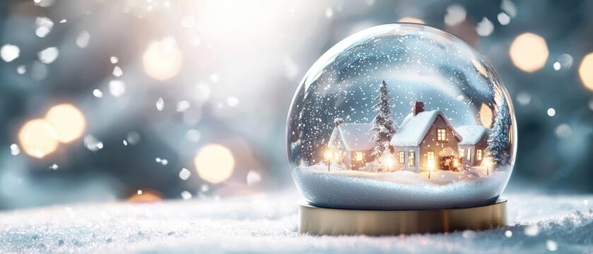 Snowy winter scene inside a glass ball, a cozy cottage with twinkling lights.