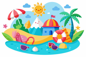 Fun Summer Beach Scene with Smiling Sun, Mountain, and Palm Tree