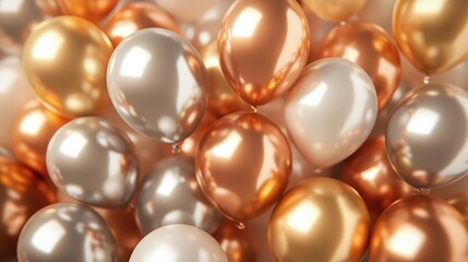 Shiny metallic balloons in silver and gold colors.