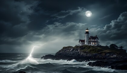Lighthouse on an island surrounded by thick fog, lightning in the sky with a ray of light falling on the lighthouse, moon in the sky