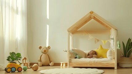 Stylish child room interior with wooden bed in shape of house and toys