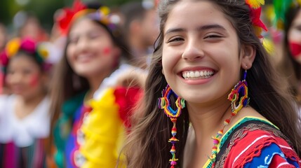 Spanish Descendants Heritage Month Celebration, Diverse Group, Vibrant Costumes, Joyous Expressions, Colorful Festival Backdrop, Cultural Tradition