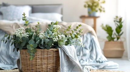 Stylish wicker basket with fresh eucalyptus branches and flowers on floor in bedroom