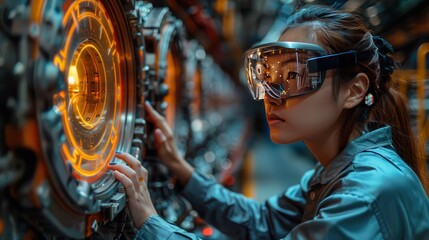 Futuristic Technician Using Augmented Reality Glasses to Repair High-Tech Device with Holographic Instructions, Copy Space on the Left