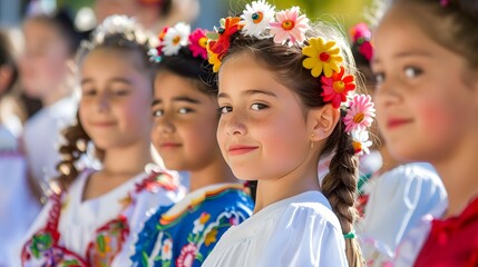 Spanish Descendants Heritage Month Celebration, Diverse Group, Vibrant Costumes, Joyous Expressions, Colorful Festival Backdrop, Cultural Tradition