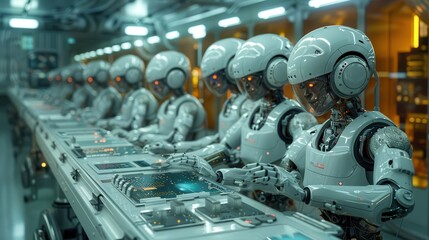 Fototapeta premium Future Technology Engineers Working in High-Tech Lab Surrounded by Robotics and Computers with Copyspace on Left Side