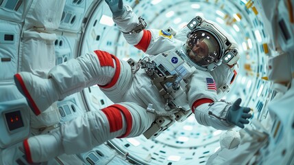 Futuristic Technician in Zero-Gravity Space Station Repair Scene with Copy Space for Text