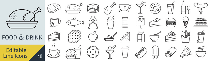 線の編集ができる食べ物と飲み物に関するアイコンセット（アウトライン化していない）