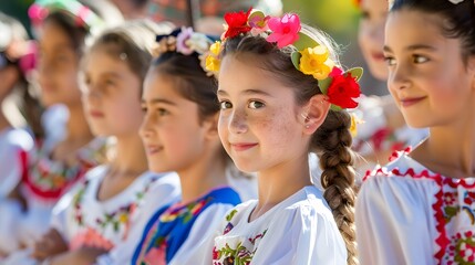 Spanish Descendants Heritage Month Celebration, Diverse Group, Vibrant Costumes, Joyous Expressions, Colorful Festival Backdrop, Cultural Tradition