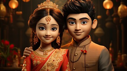 bengali Bride and groom cute couple in traditional indian dress cartoon  
