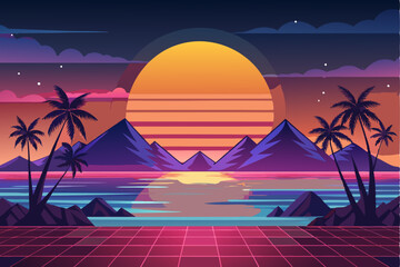 Retro Sunset Landscape with Palm Trees and Mountains
