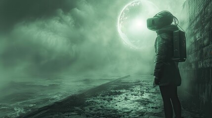 Obraz premium Otherworldly Encounter: Alien Guide Leading Human in Virtual Reality Adventure, Blank Space for Text on Right Side