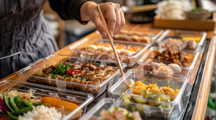 Obraz premium A woman's hand is using chopsticks to pick up food