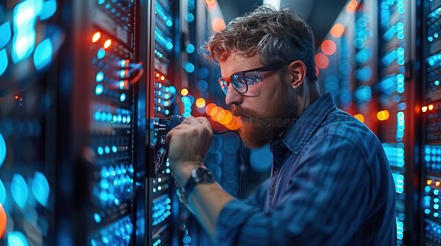 Professional Technician Troubleshooting Network System in Server Room with Blank Space for Text Overlay