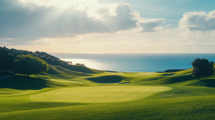 Obraz premium The beautiful golf course with morning sunshine.