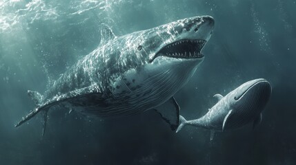 Fototapeta premium Detailed view of a shark next to a gray whale and a cartoon whale