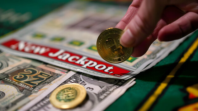 Close-up of a hand holding a gold coin over a blank red and yellow "BINGO" scratch-off ticket