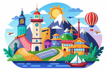 A vibrant cityscape with buildings, mountains, and a hot air balloon in the sky