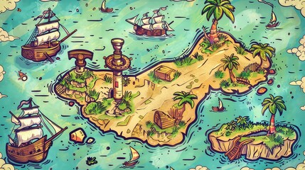 An illustrated map of an island with ships, palm trees, a lighthouse, and a treasure chest.
