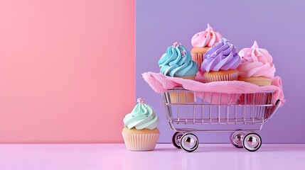 Toy trolley with ice cream and cupcakes handmade textile ice cream on pink and purple background