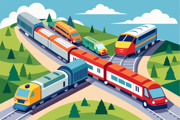 Colorful Trains and Buses Crossing Tracks in a Scenic Landscape