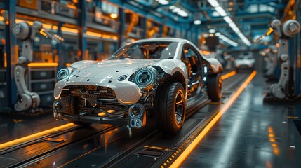 Obraz premium Engineers Innovating in High-Tech Automotive Lab with Robotic Assistants Below, Copy Space for Text Overlay