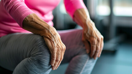 Close-up of the back of a senior woman in a pink t-shirt and grey leggings doing knee exercises at the gym