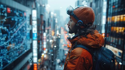 Futuristic Technician Installing Smart Sensors in Urban Setting with Holographic Interfaces and Real-Time Data, Copy Space on Left