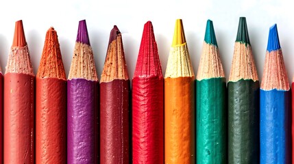 Close up of colorful sharpened pencils against a white background.