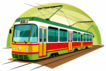 A Colorful Tram on Train Tracks in a Green Landscape