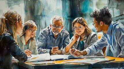 Watercolor depiction of a meeting with diverse team members sharing ideas.