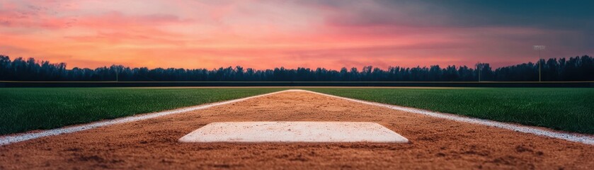 A scenic baseball field under a vibrant sunset, showcasing the home plate and lush grass, perfect for sports-themed visuals.