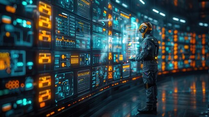 Advanced Technician Performing Maintenance on High-Speed Communication Network with Real-Time Data and Holographic Displays, Space for Text on Left