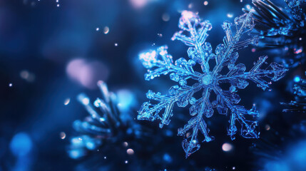Blue snowflakes background with bokeh light for graphic design or wallpaper.