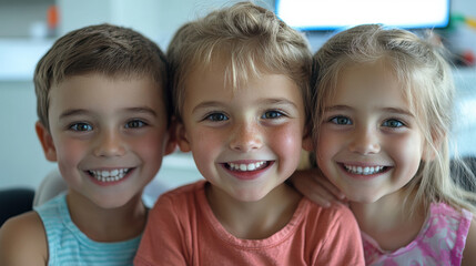 Child smiles happily, showing beautiful teeth.