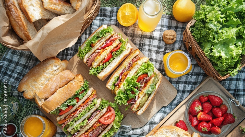 Wall mural fresh sandwiches and drinks laid out for a picnic