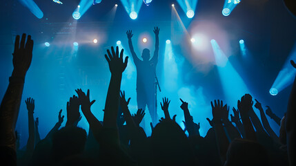 Obraz premium The artist stands on the stage and raises his hands up, people cheer him with their arms raised in front of them
