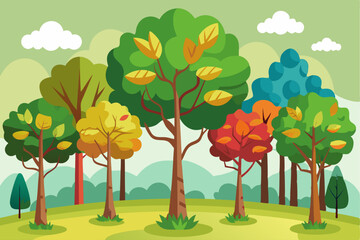 Colorful Trees in a Meadow with Green Hills and Clouds