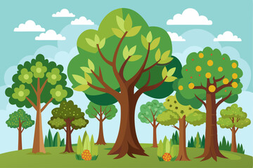 A vibrant illustration of a forest with multiple trees and a blue sky.