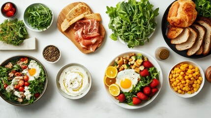 Healthy meal spread on a simple white background for clear focus