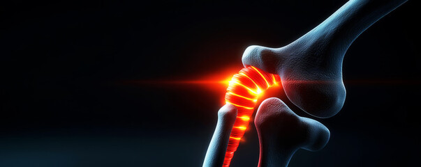 Naklejka premium Hip joint with glowing red tendons, showing pain, physiotherapy treatment, anatomical precision, dark background, intense illumination