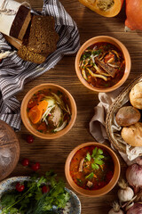 Top View of Assorted Oriental Soups with Fresh Ingredients