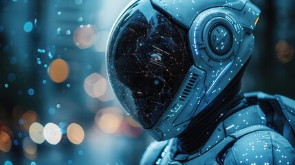 Futuristic Alien Using Holographic Maps for Space Navigation with Copy Space on Left Side