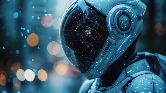 Futuristic Alien Using Holographic Maps for Space Navigation with Copy Space on Left Side